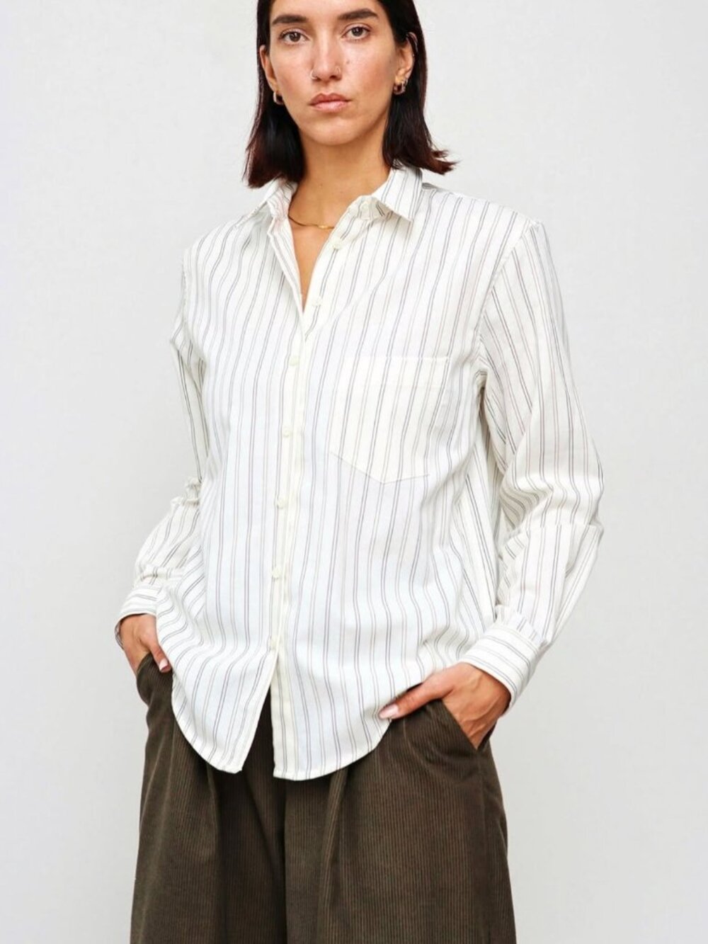 Made in Canada Cotton/Merino Blend Cream Button-Down w/ Brown & Black Pinstripes